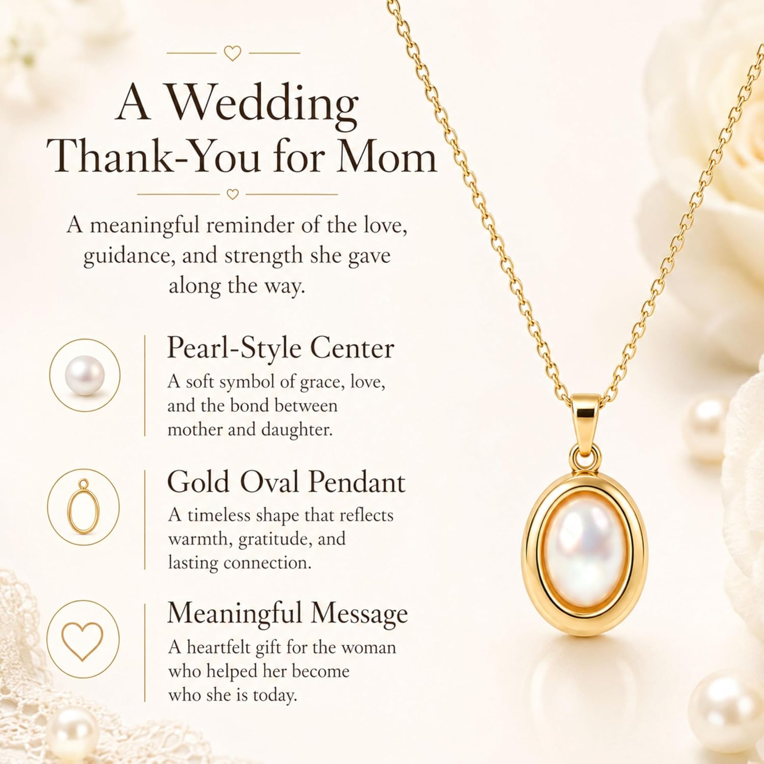 MissDaisy-Mother of the Bride Necklace Gift - Wedding Day Jewelry for Mom from Daughter with Message Card and Gift Box - 18K Gold Plated Oval Pearl-Style Pendant