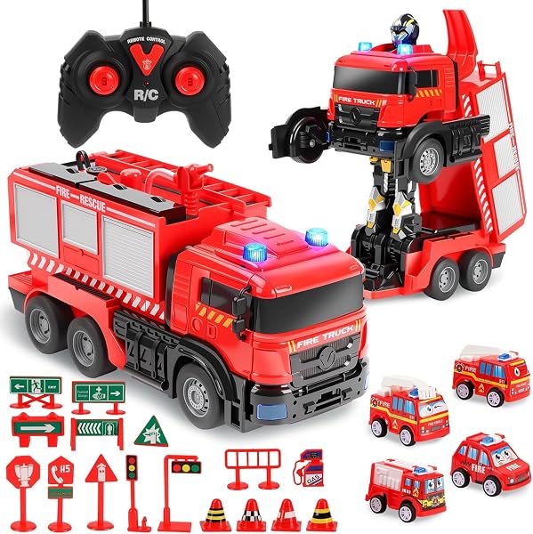 JONRRYIN Camion de pompiers télécommandé, 1:14 Grand jouet de pompiers avec lumière et son, jet d'eau, transformateur 2 en 1, voiture télécommandée jouet, voiture jouet enfants cadeaux de Noël - 1