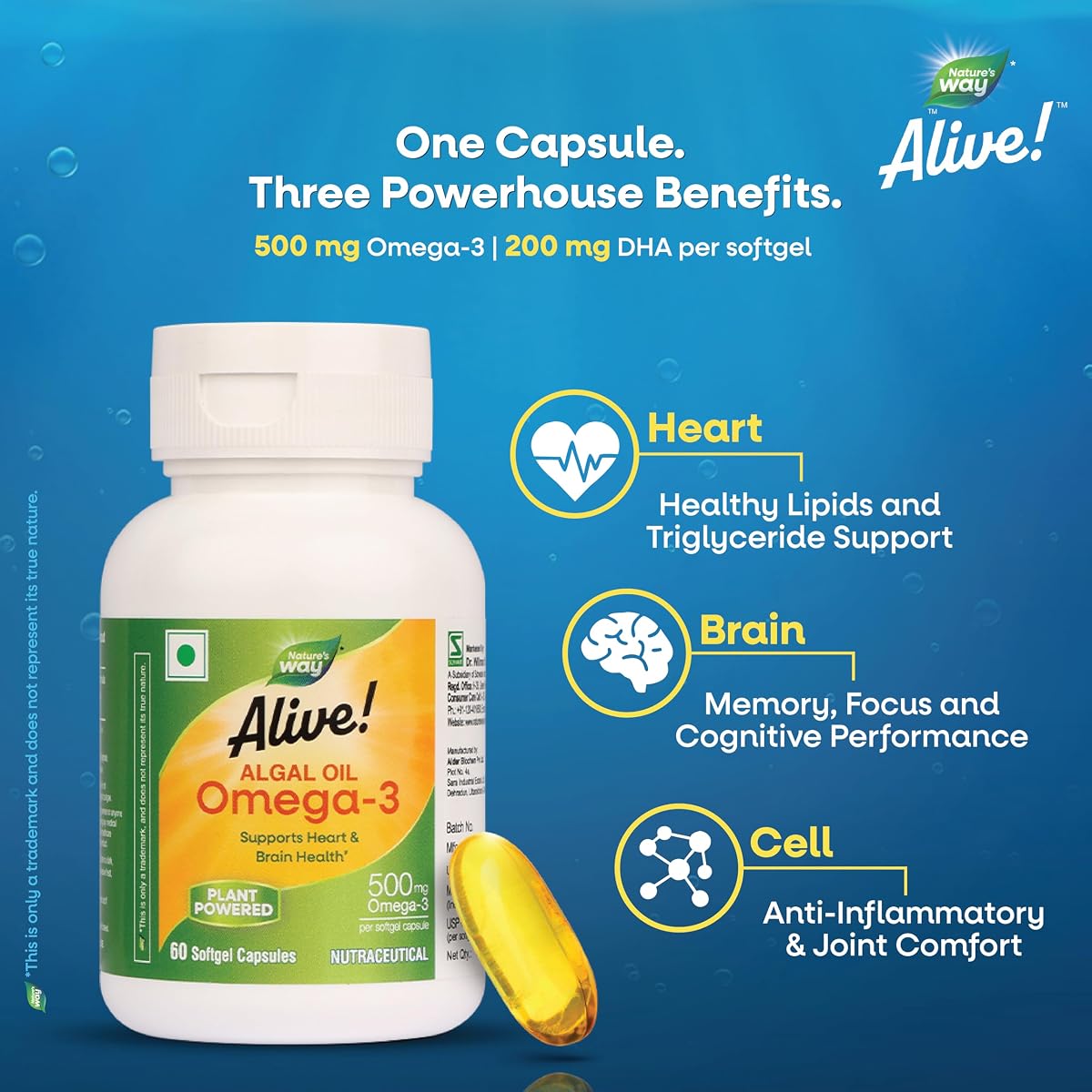 Nature's Way Alive Omega 3 -500 mg|Pure Algal Oil Plant Omega for Heart & Brain