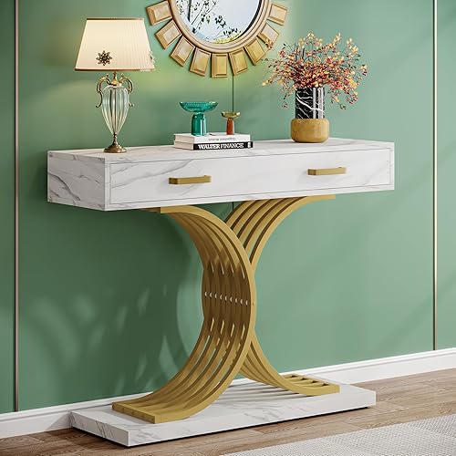 Miniatura 1 de Mesa consola de oro blanco con cajón, moderna mesa de entrada de 39 pulgadas con almacenamiento, mesa de pasillo de mármol sintético con patas