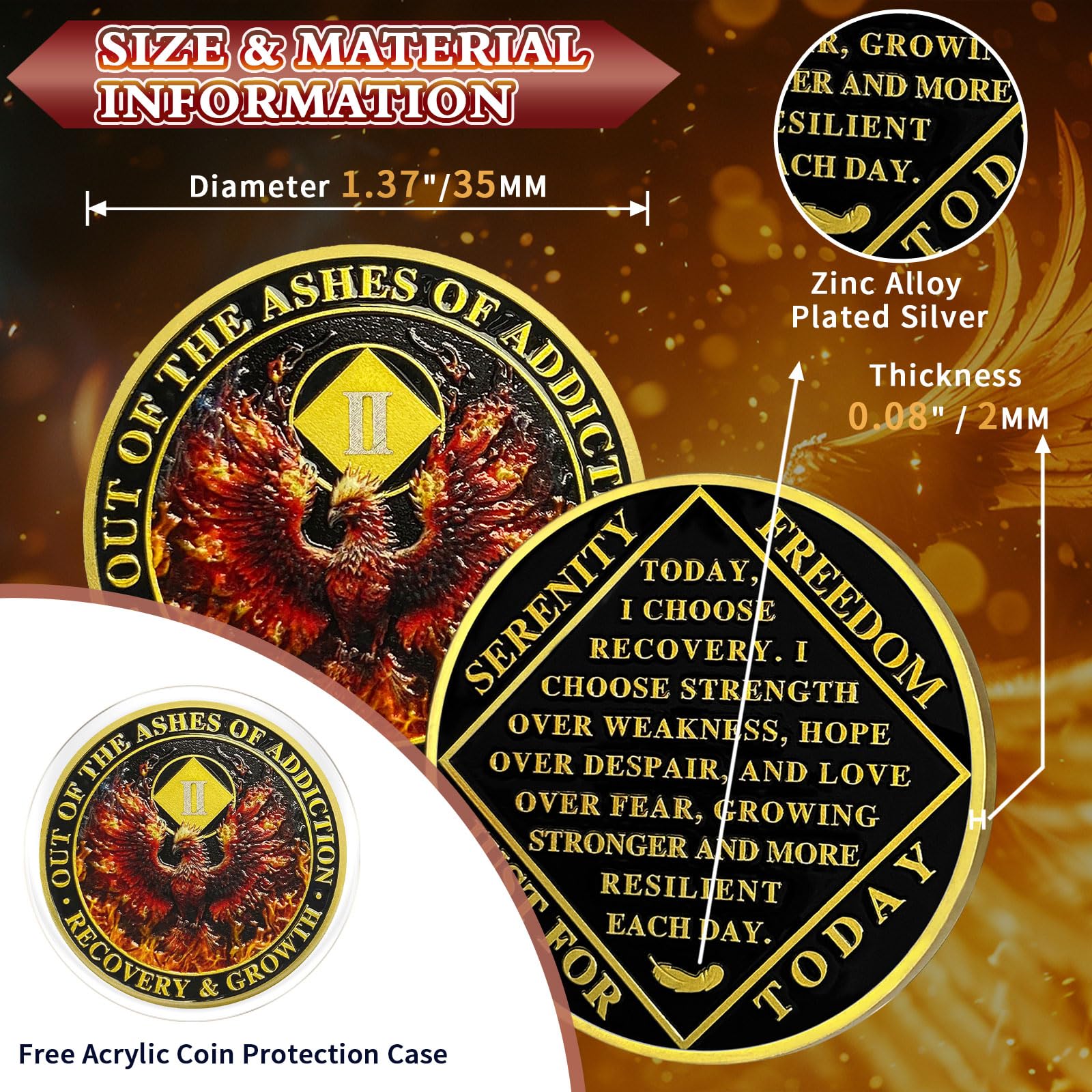 Phoenix 2 Year Nüchternheit Münze Flamme One Year Nüchternheit Chip NA Chips und Medaillon Narcotics Anonymous Chip AA Chip Recovery Jahrestag Token Nüchternheit Geschenke für Männer Frauen Narcotics