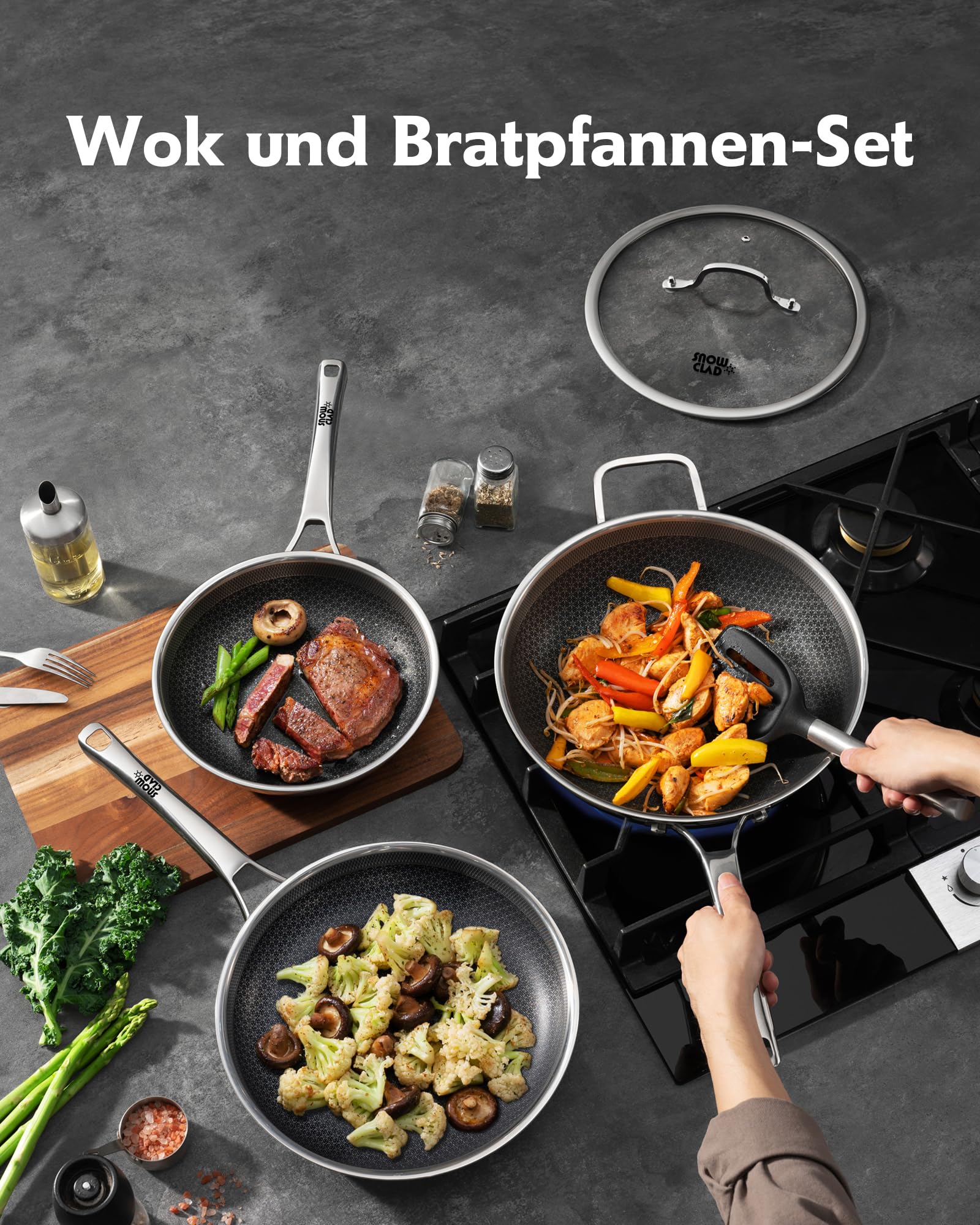 SNOWCLAD Wokpfanne 30cm & Bratpfannen 24+28cm Wok und Bratpfannen Set – Ansicht 2