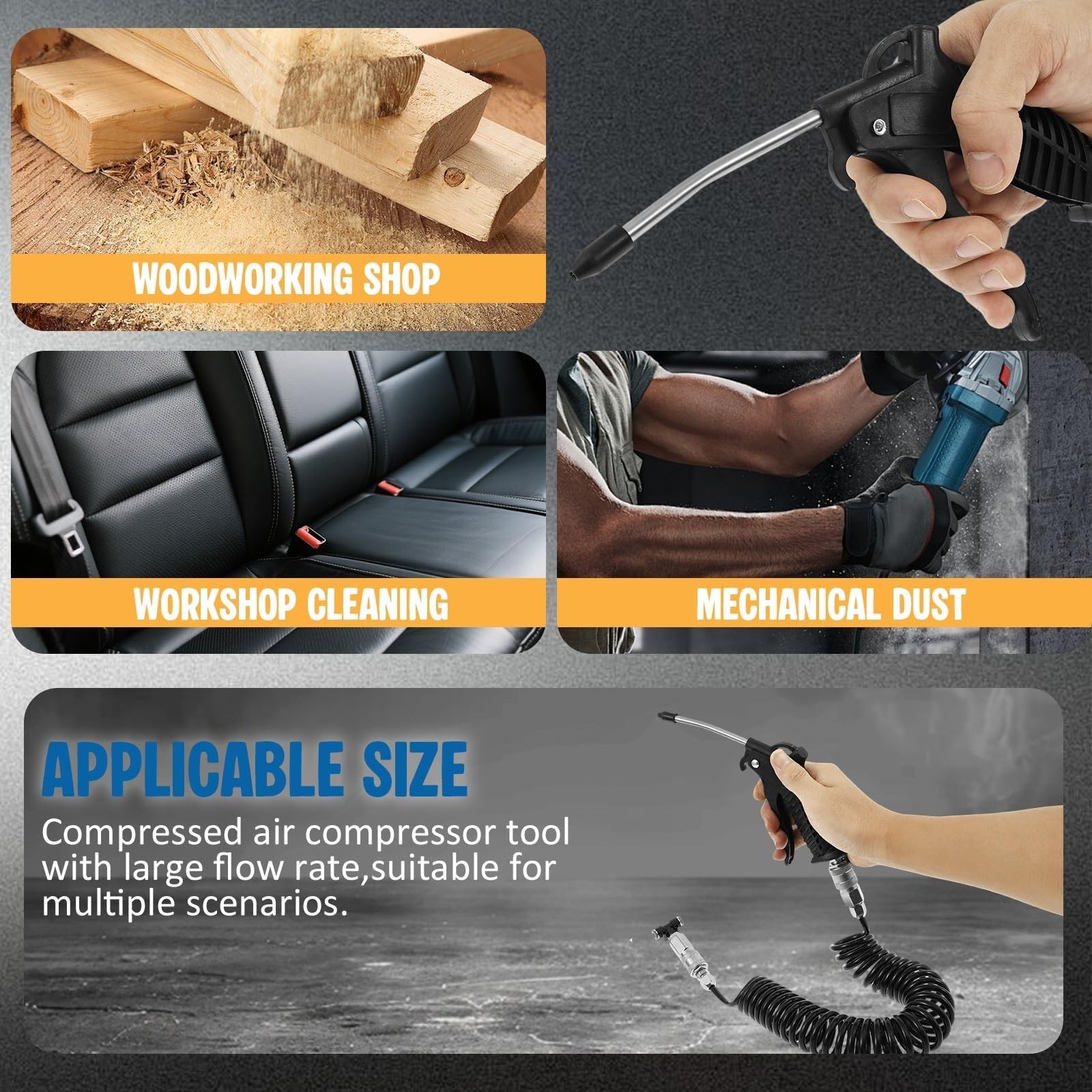 Air Blow Gun Kit With 16ft Long 8mm OD Coil PU Air Hose Air Duster Blow Gun With T Piece Quick Coupling For Truck Car Boat(Black)
