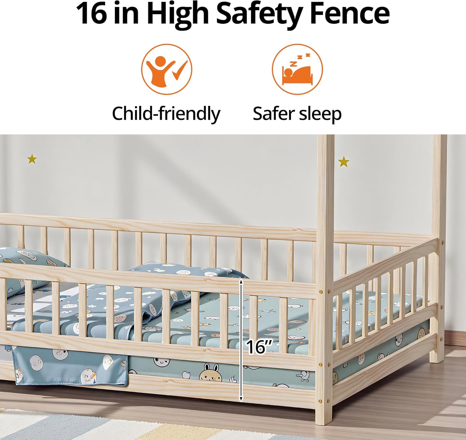 LLS Twin Montessori Bed Frame, Wooden House Bed with Fence and Roof, Floor Bed for Boys Girls Bedroom, Natural