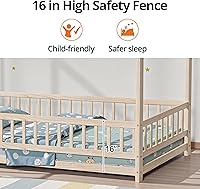 Vista 6 de LLS Marco de cama Montessori gemelar, cama de casa de madera con cerca y techo, cama de piso para dormitorio de niños y niñas, natural