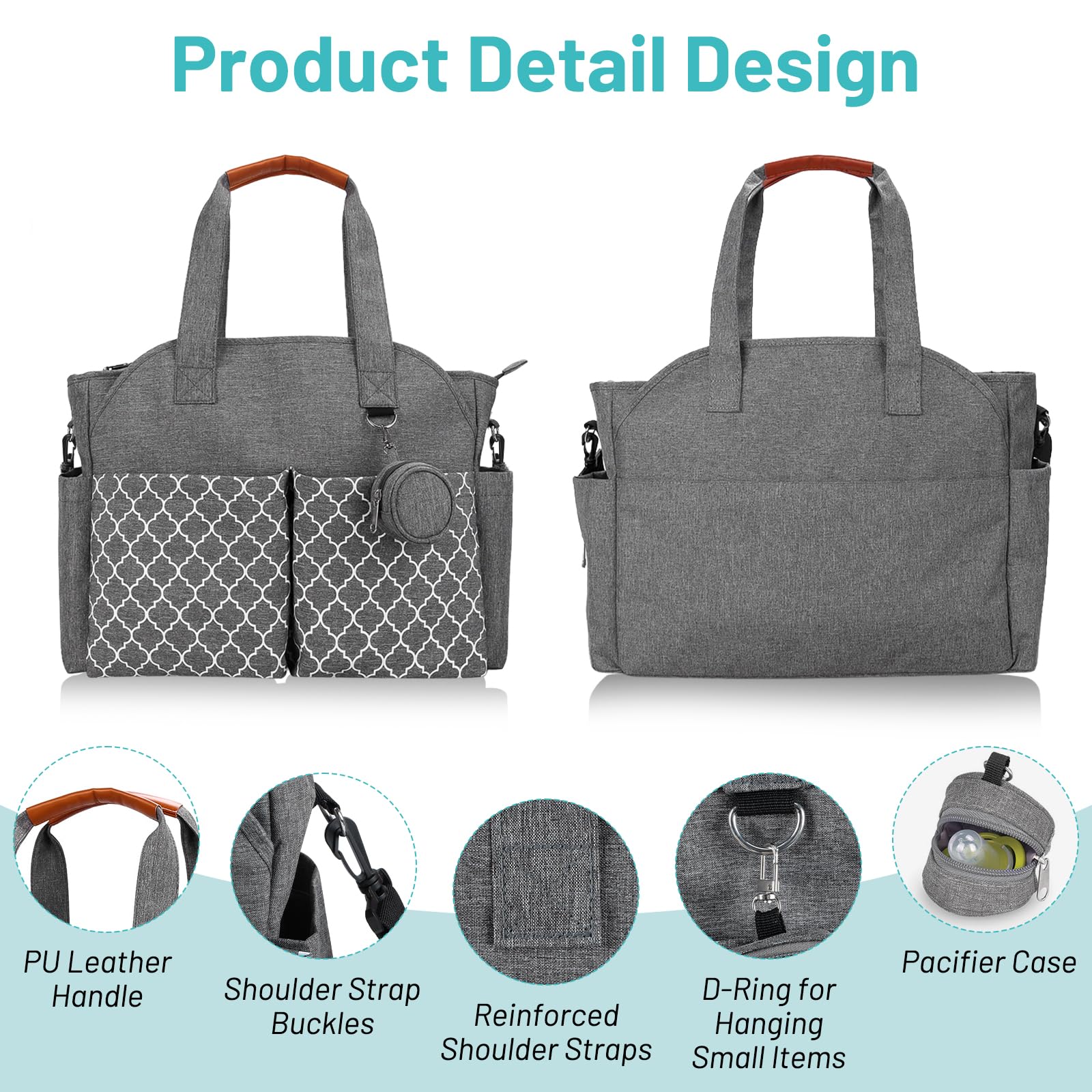 Sac à langer pour bébé - Grand sac à langer avec bandoulière et poche à tétine - 15 poches - Imperméable - Portable - Sac de voyage multifonction pour couches et accessoires pour bébé