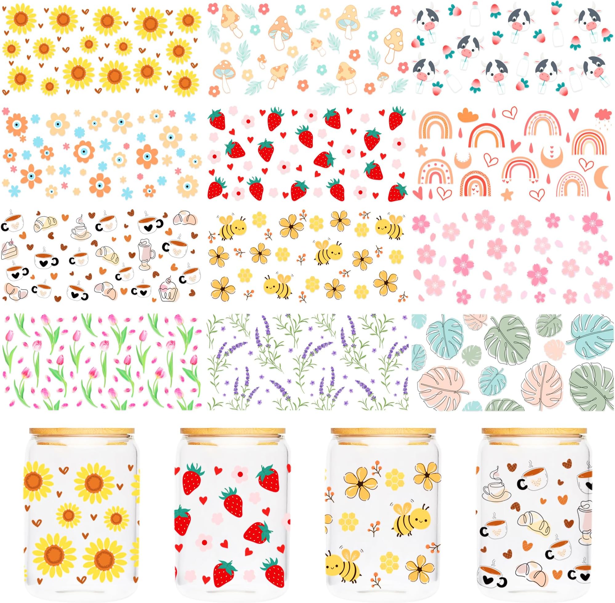 UV DTF Cup Wraps Transfer - 12 Sheets Boho UV DTF Sticker for 16 OZ Glass, Boho Rainbow, Daisy, Flower, Cow, Bee, Strawberry, Mushroom, Coffee Style, Gifts for Students, Tearcher, Friends
