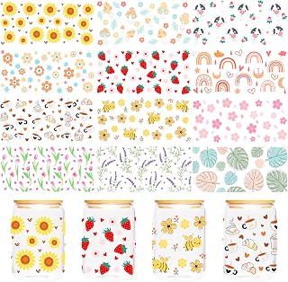 UV DTF Cup Wraps Transfer - 12 Sheets Boho UV DTF Sticker for 16 OZ Glass, Boho Rainbow, Daisy, Flower, Cow, Bee, Strawberry, Mushroom, Coffee Style, Gifts for Students, Tearcher, Friends