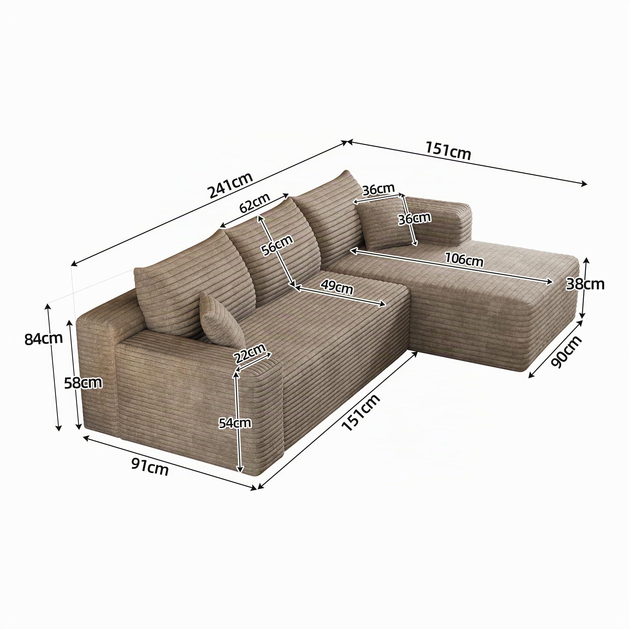 Sofá modular de 3 plazas con diseño de esquina de tejido de pana suave, sofá sin huesos y sofá cama plegable, sofá con función de dormir, diseño de esquina profunda, sin montaje, para sala de