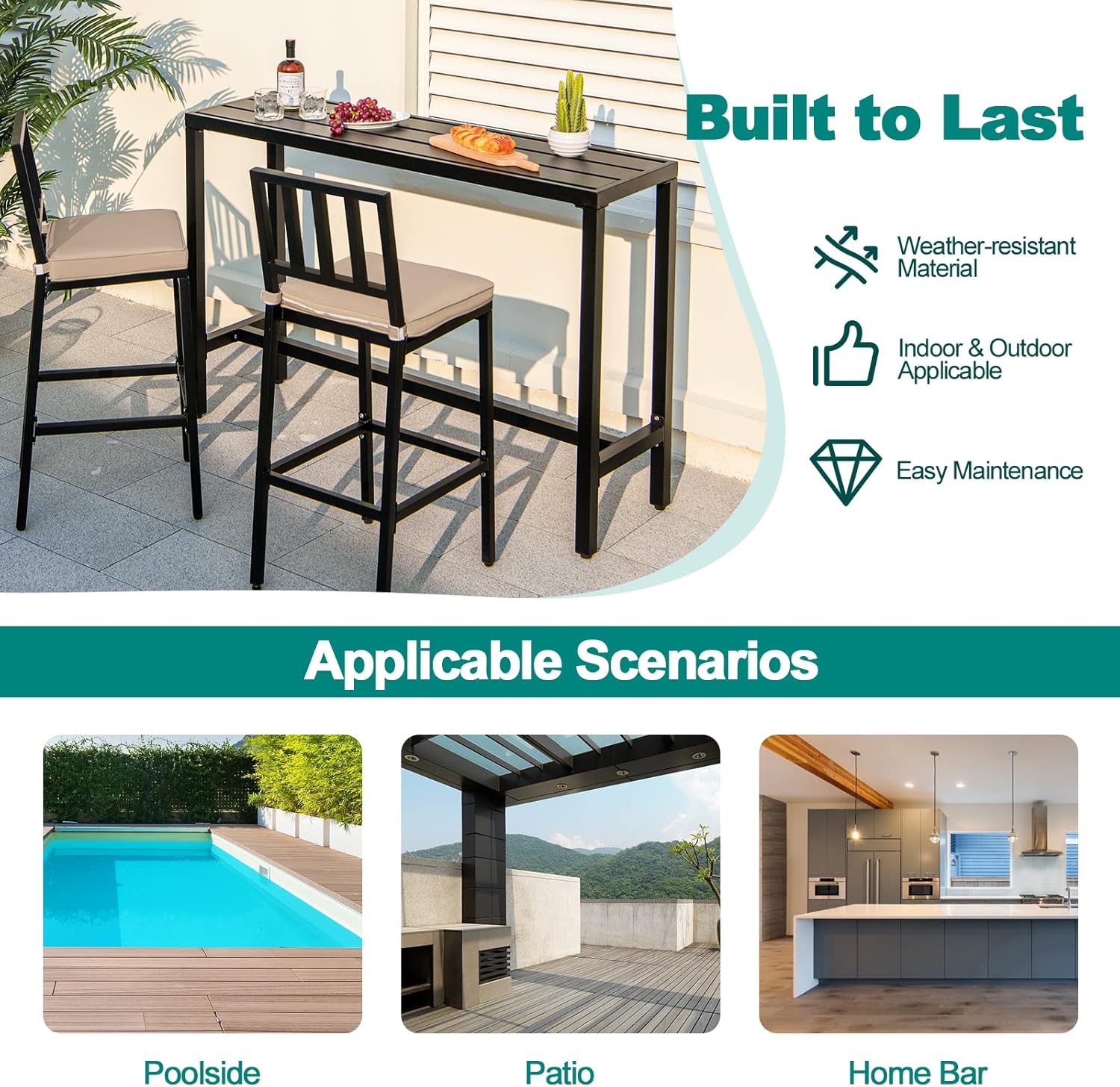 COSTWAY 3 Piece Outdoor Patio Bar Set, 55" Rectangular Pub Height High Top Bar Table with 2 Cushioned Bar Stools, Metal Bar Table and Chairs Set for Balcony, Backyard, Porch