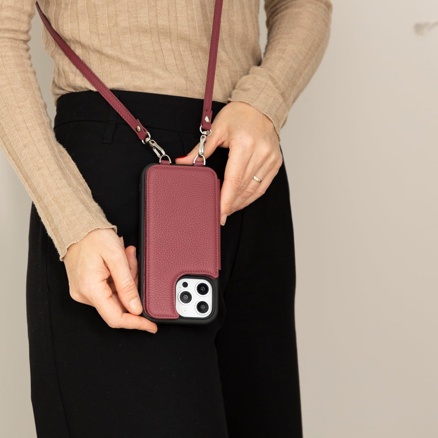 Bayelon Crossbody Case for iPhone 16 Pro Max, Full Grain Leather Crossbody Phone Case with Strap, iPhone 16 Pro Max Leather Wallet Case, Card Holder, Phone Lanyard, Gift for Women (Burgundy)