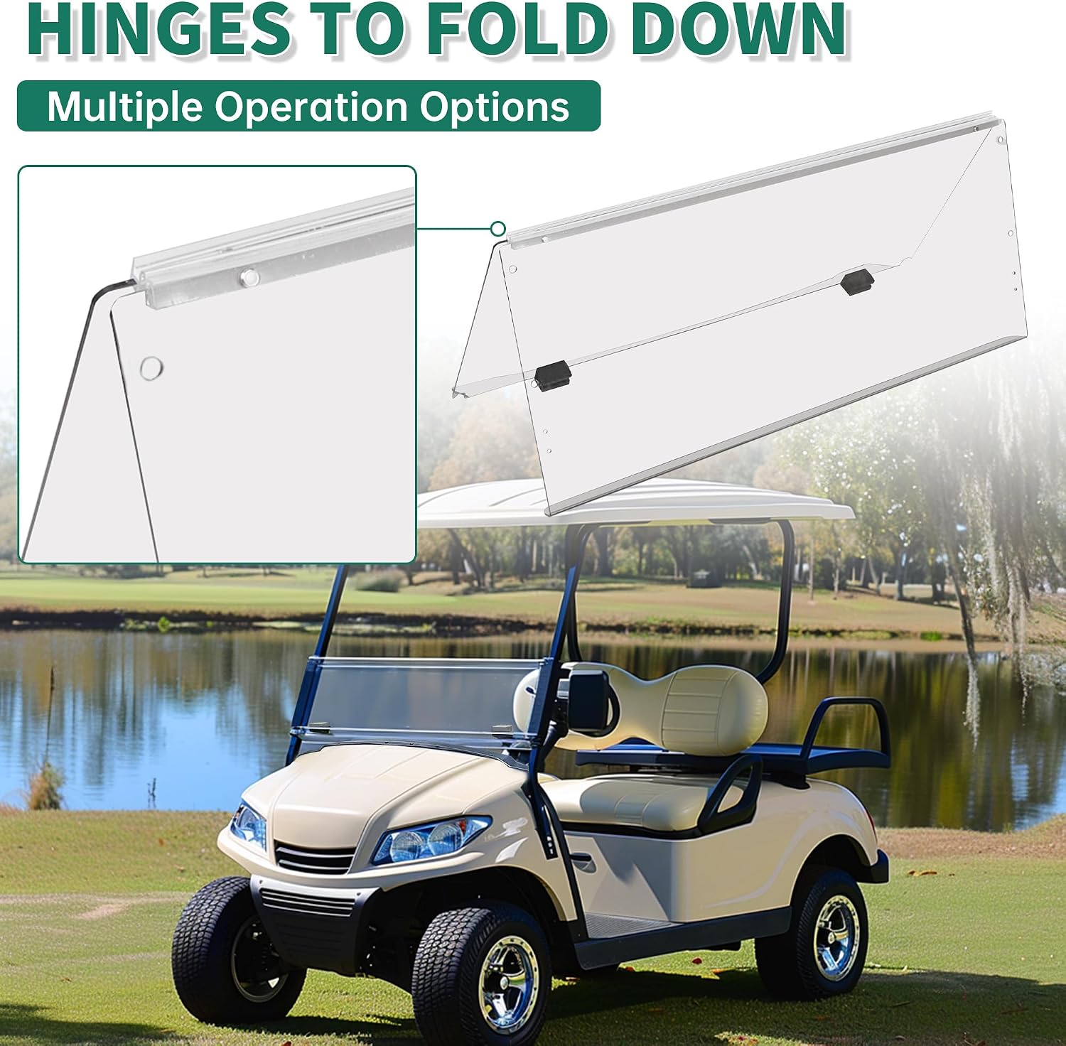 Clear Windshield Compatible with 2007-2016 Yamaha Drive G29 Gas or Electric Models Folding Down Impact Resistant Windshield 38.75"W x 35.75"H
