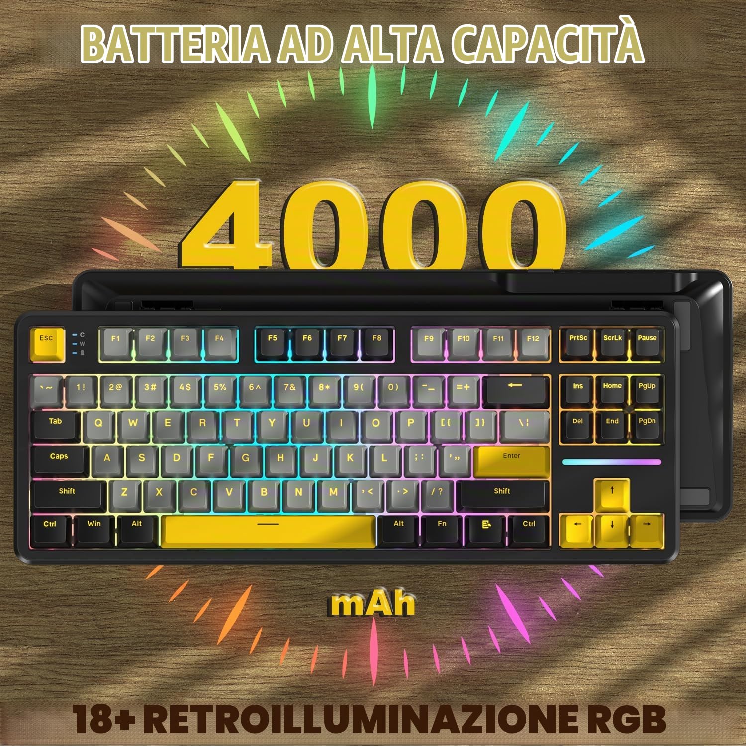 ATTACK SHARK X87 80% Tastiera da gioco meccanica wireless,BT5.0/2.4Ghz/USB-C Guarnizione hot-swap,illuminazione RGB,batteria da 4000mAh,interruttore lineare prelubrificato,tasti PBT per PC/MAC-Nero