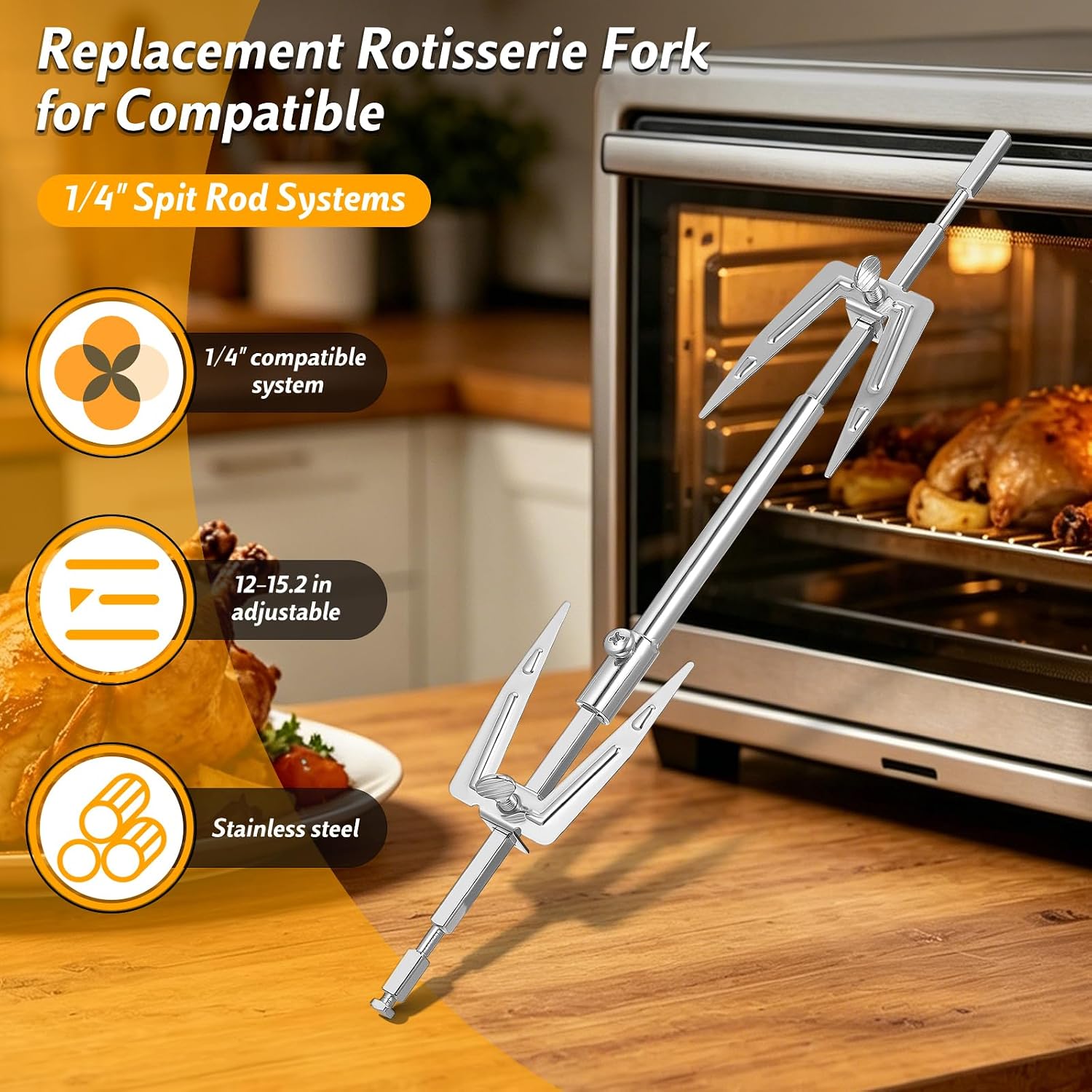 Abaodam Adjustable Rotisserie Fork 1/4 inch Rotisserie Spit Rod for Air Fryer, Stainless Steel Replacement Meat Fork, 15” Telescopic for Oven Air Fryer Accessory