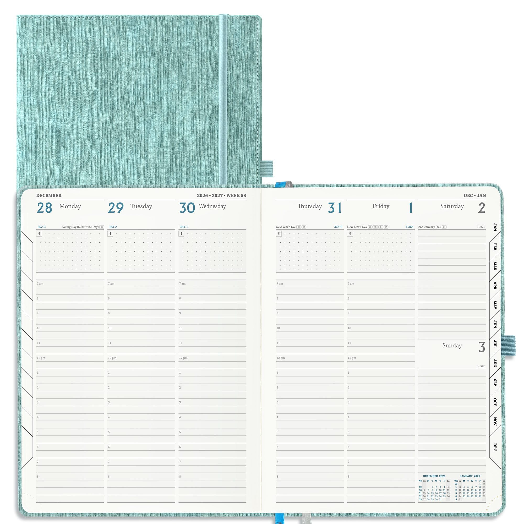 IN-LUXPRO Academic Diary 2026-2027 Week to View A4 Large(29x21.5 cm) 18 Months (Jul'26 - Dec'27) Mid Year Diary 26/27 Vertical Weekly Planner with Timeslots& Month Tabs, PU Leather Sky Blue