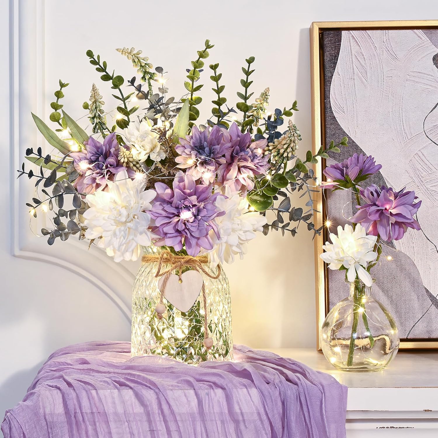 MARTINE MALL Fake Flowers in Vase with Lights, Faux Flowers in Vase, Dahlia Artificial Flowers in Vase Centerpiece Table Decorations Artificial Flower Arrangement for Home Dining Room Farmhouse - Image 2