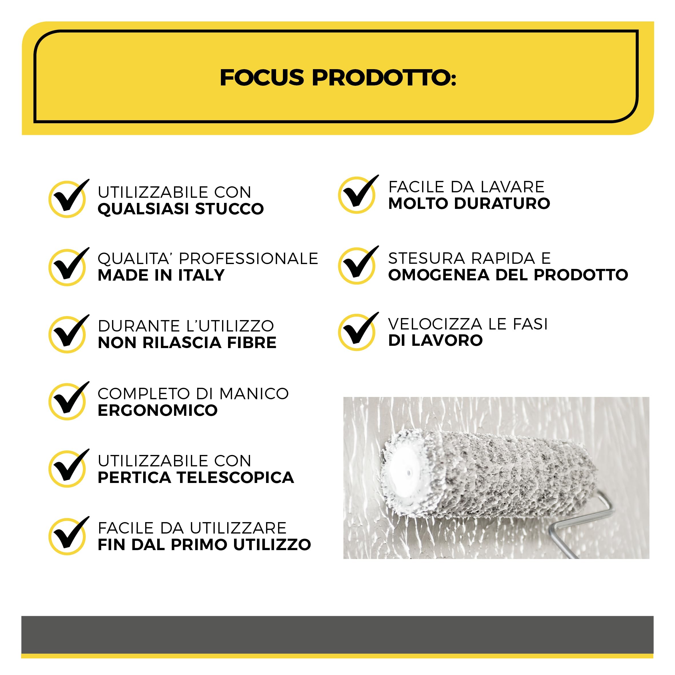 Boldrini Rullo Professionale per Stucco con Manico – 30cm – Made in Italy – Applicazione Stucco su Pareti e Soffitti – Alta Resistenza, Non Perde Peli