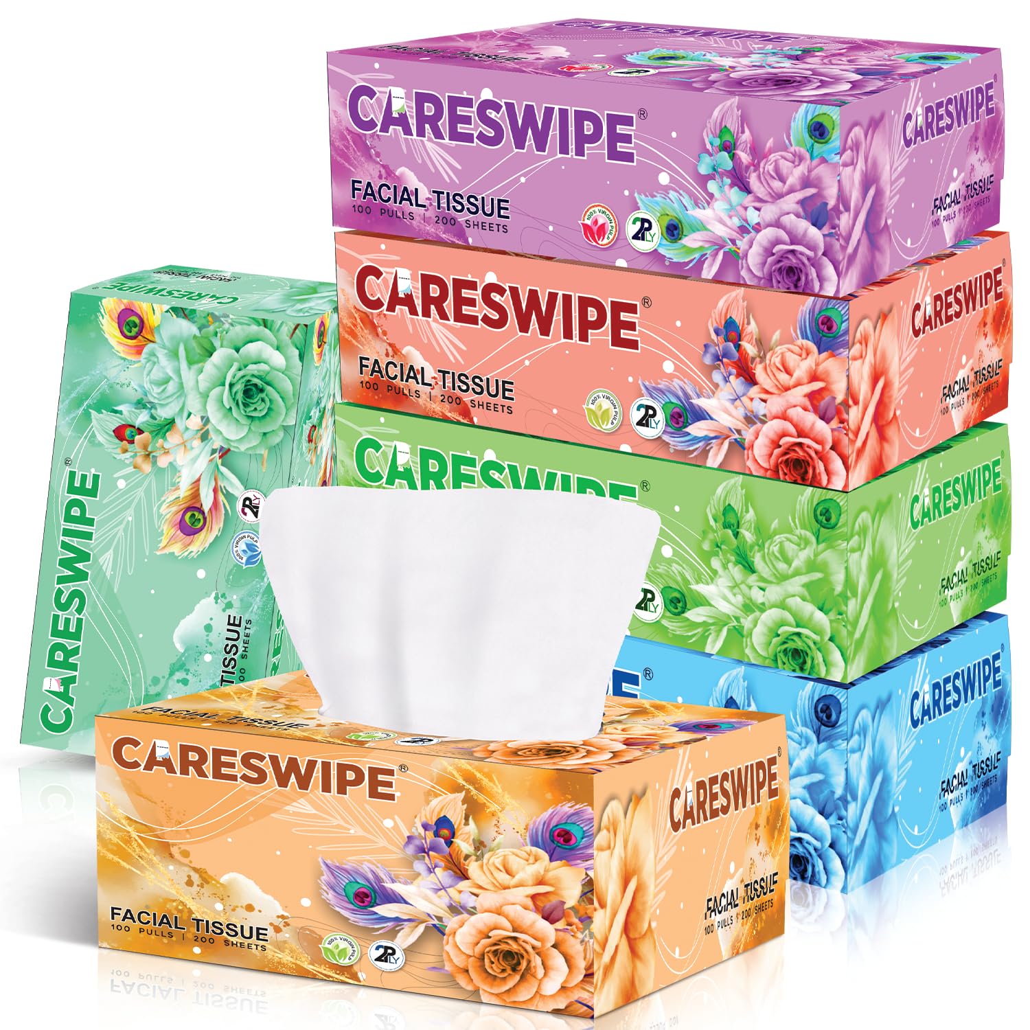 Careswipe Soft Facial Tissue Papers -100 Pulls Pack of 6- Total (600 pulls 1200 sheets) 2 Ply | Facial tissue | Tissue Box | Tissue Paper
