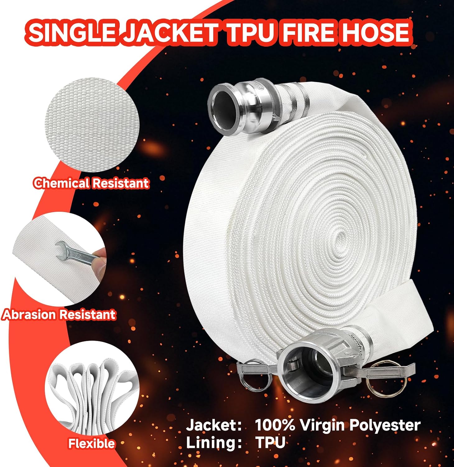 1.5” x 50 FT Fire Hose with Aluminum Camlock C & E Fittings, 750 PSI Burst Pressure, Quick Connect Water Transfer Hose for Irrigation, Pool Drain