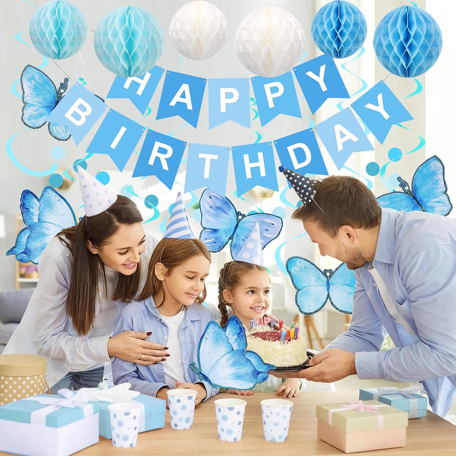 meowtastic Birthday Decorations, Butterfly Decor, No DIY, Pre-Strung | Blue butterfly birthday decor: pre-strung banner, honeycomb balls & swirls. No DIY, reusable for women, men & kids.