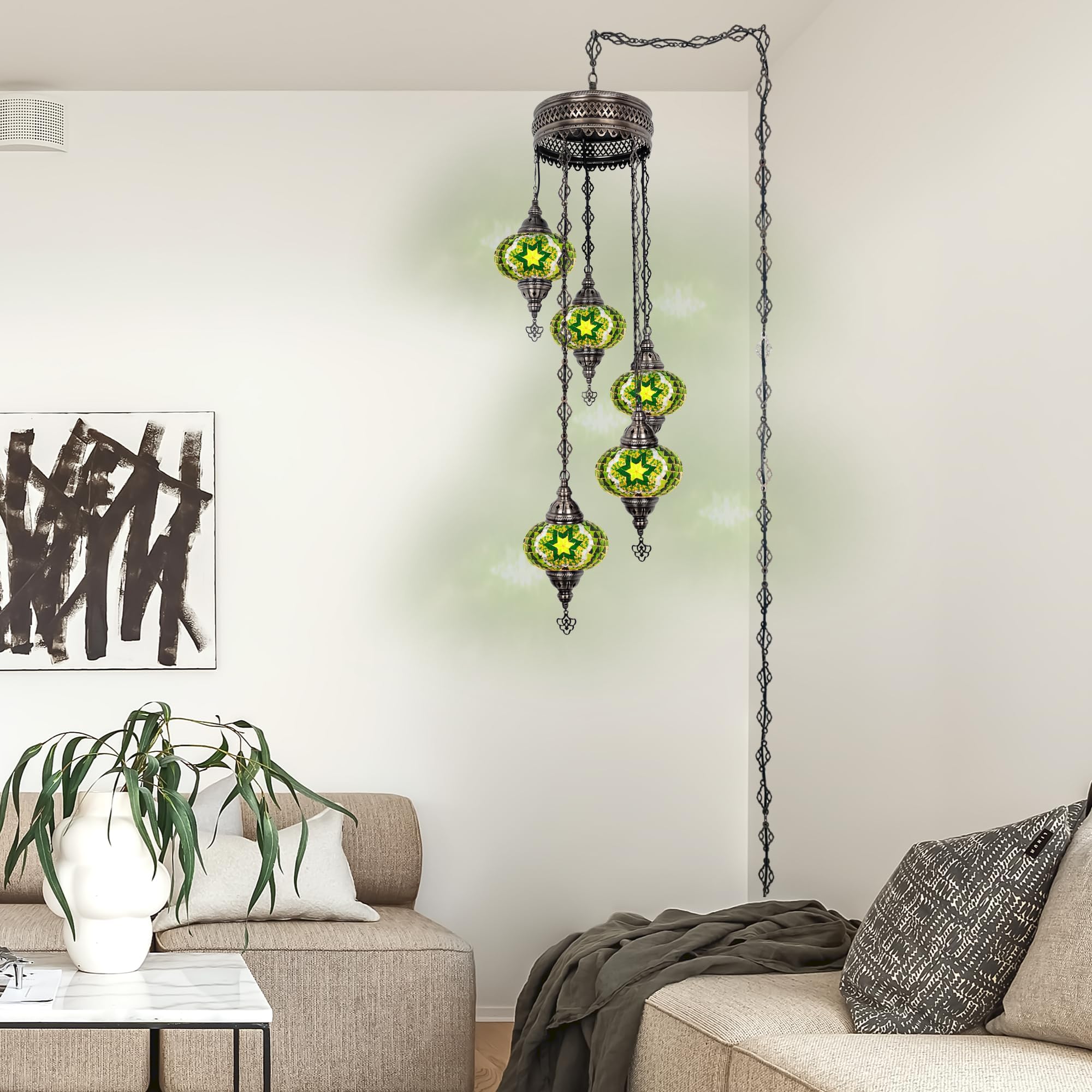 Boho Plug-in Pendant Light, Turkish Mosaic Swag Lamp, Moroccan Hanging Fixture, Chandelier for Bedroom, Dining Room, 5 Globe Satanied Glass, 5 Feet Cord and Cable Plug in (Green Flower)