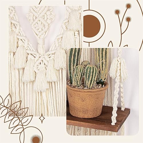 Miniatura 4 de ANROYE Estante bohemio de macramé de 2 niveles para colgar en la pared, hecho a mano de madera bohemia tejida para plantas, decoración de estantes
