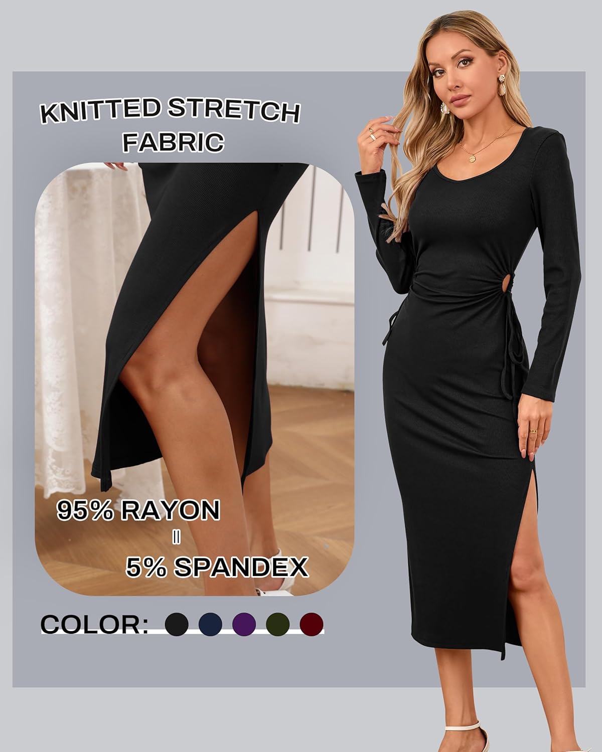 Women's Bodycon Maxi Dress Long Sleeve Cutout Waist Drawstring High Slit Ribbed Knit Formal Cocktail Summer Dresses - Image 5