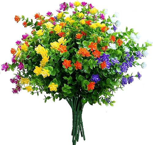 10 paquetes de flores artificiales de otoño para exteriores, resistentes a los rayos UV, plástico falso para colgar, arbustos vegetales, arreglos de