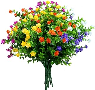 10 Pack Artificial Outdoor Flowers UV Resistant - 5 Colors Fake Greenery Plants Shrubs for Garden Porch Window Box (White/Purple/Yellow/Fuchsia/Orange) | All Weather Colorful Decor