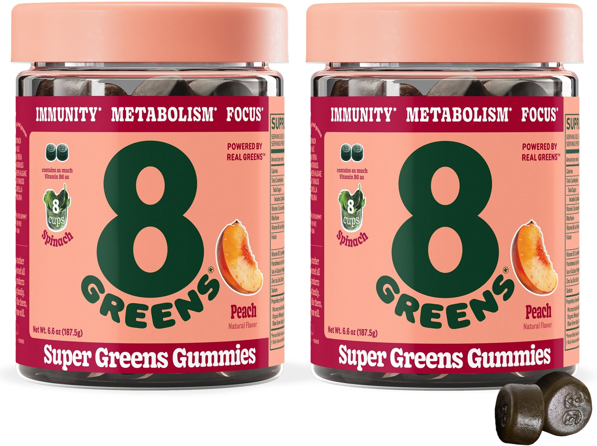 - 8Greens Supergreens Gummies | Superfood Gummy for Metabolism, Immunity & Focus, Digestive Health Enzymes, Organic: Chlorella, Spirulina, Aloe Vera, Peach Flavor, 100 Count
