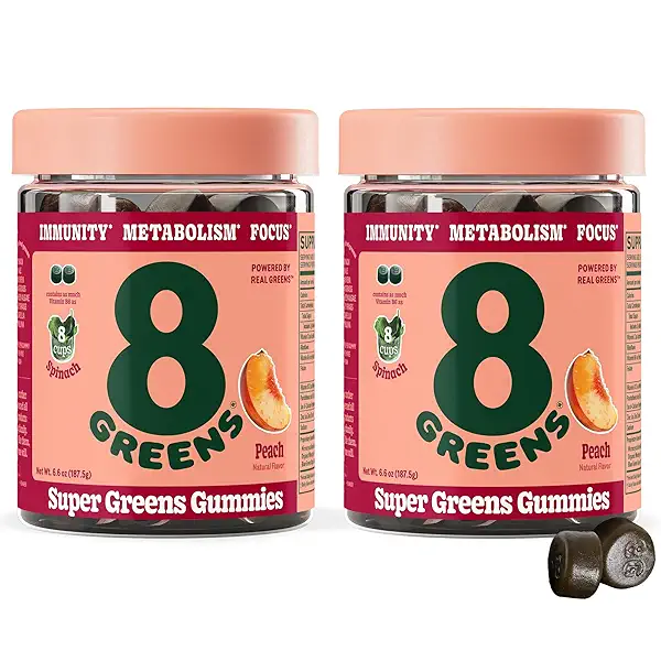 8Greens Supergreens Gummies | Superfood Gummy for Metabolism, Immunity & Focus, Digestive Health Enzymes, Organic: Chlorella, Spirulina, Aloe Vera, Peach Flavor, 100 Count 1