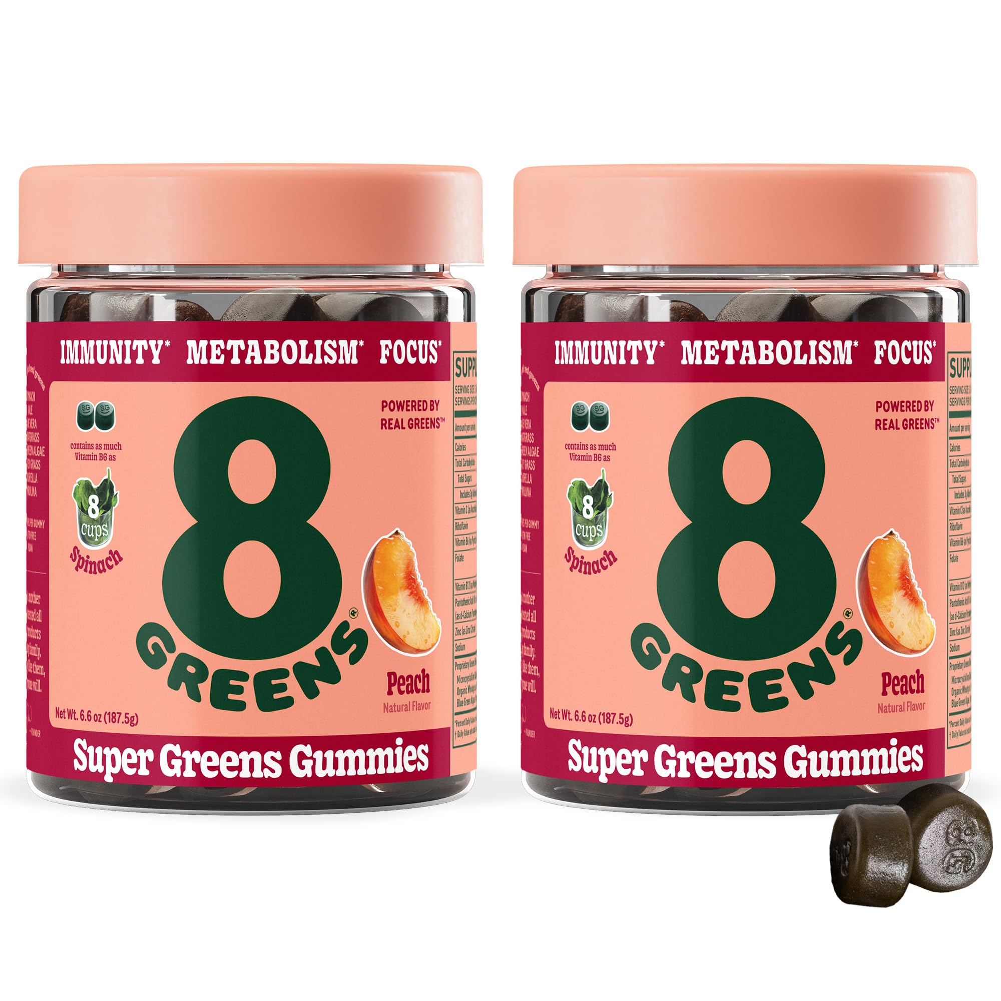 8GreensSupergreens Gummies | Super Greens Powder Superfood Gummy for Metabolism, Immunity & Focus, Digestive Health Enzymes, Organic: Chlorella, Spirulina, Aloe Vera, Peach Flavor, 100 Count
