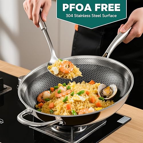 Miniatura 5 de Sartén Wok de Acero Inoxidable de 13 Pulgadas, Woks y Sartenes para Saltear Antiadherentes, Sartén Wok con Tapa para Inducción, Eléctrica, Gas,