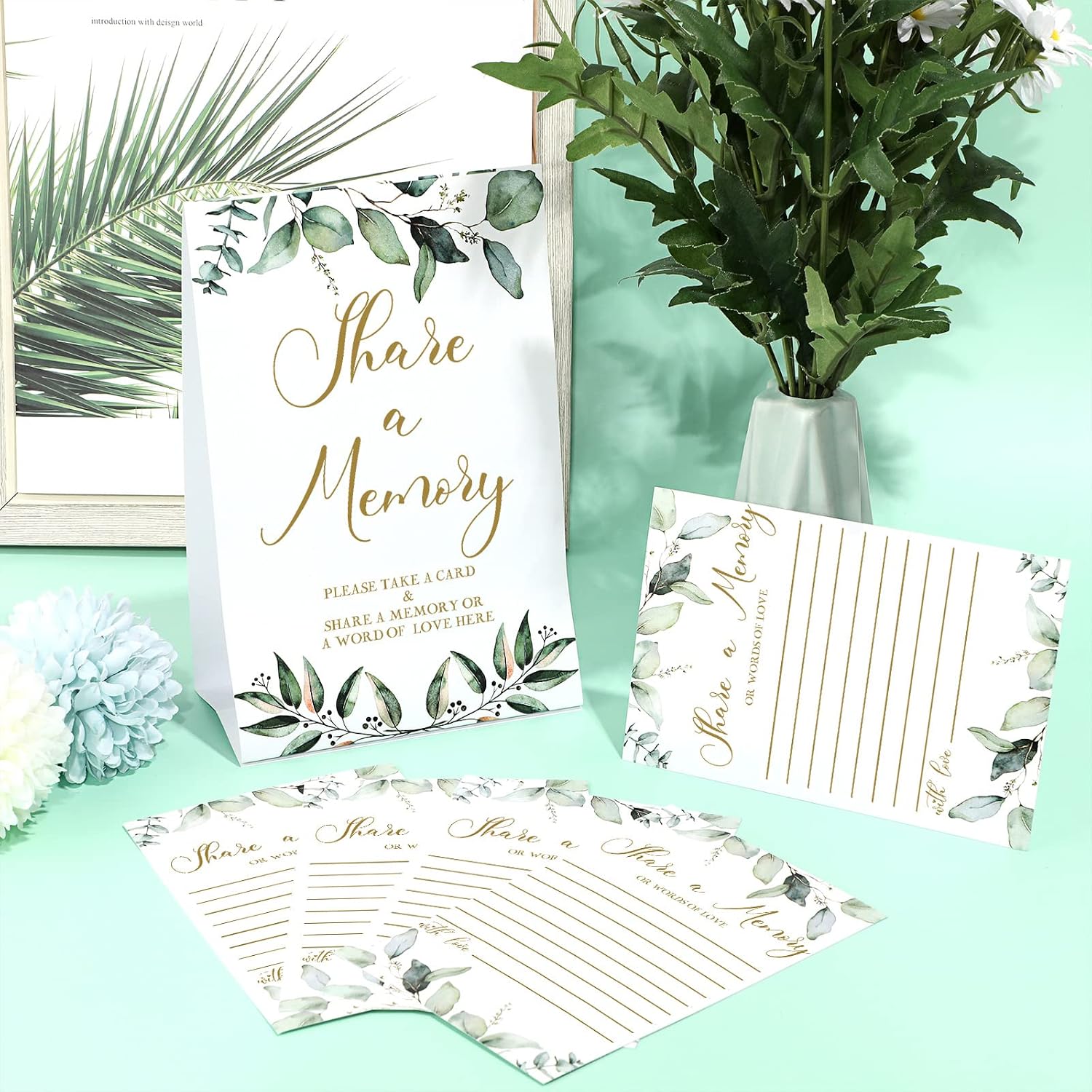Zonon 51 Pcs Share a Memory Cards and Greenery Seating Place Card Greenery Eucalyptus for Funeral, Graduation, Wedding, Bridal Shower, Birthday, Anniversary Party, Celebration of Life(Gold Font)