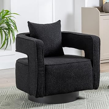 Swivel Accent Chair, Modern Swivel Barrel Chair for Living Room, 360 Degree Comfy Square Accent Chair with Open Back, Upholstered Armchair for Bedroom,Reading, Boucle, Black