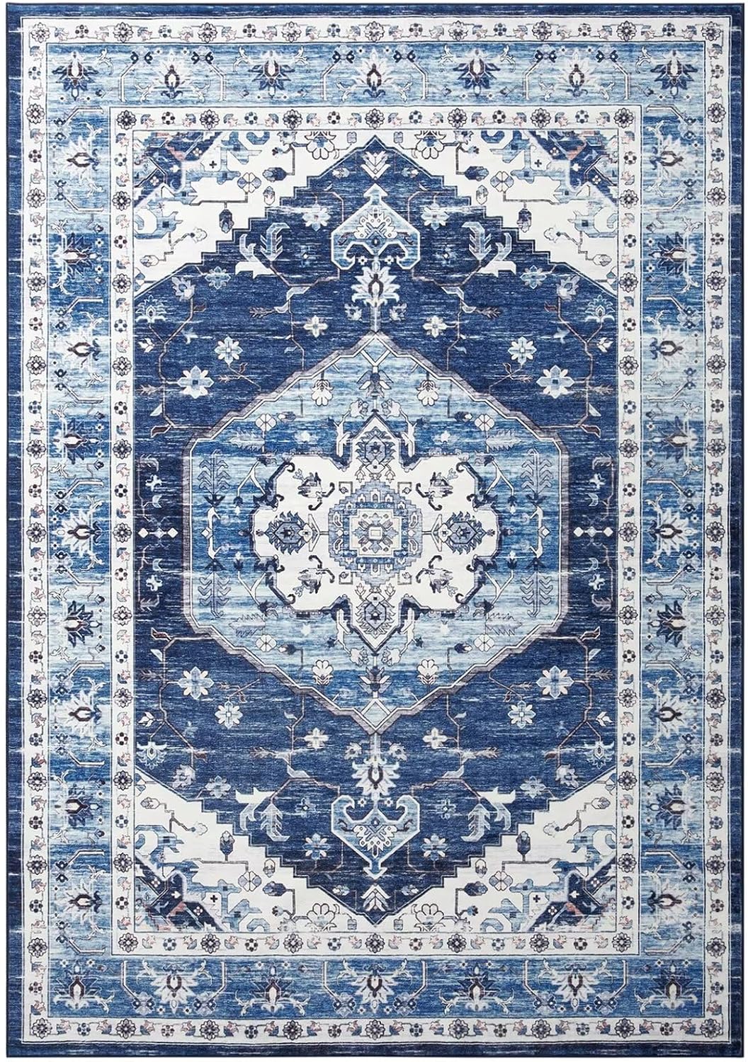 COZYLOOM Vintage Rug 4x6 Medallion Area Rug Faux Wool Soft Rug Indoor Plush Low Pile Floor Cover Boho Floral Distressed Carpet Washable Rug for Living Room Bedroom Foldable Thin Rug Blue