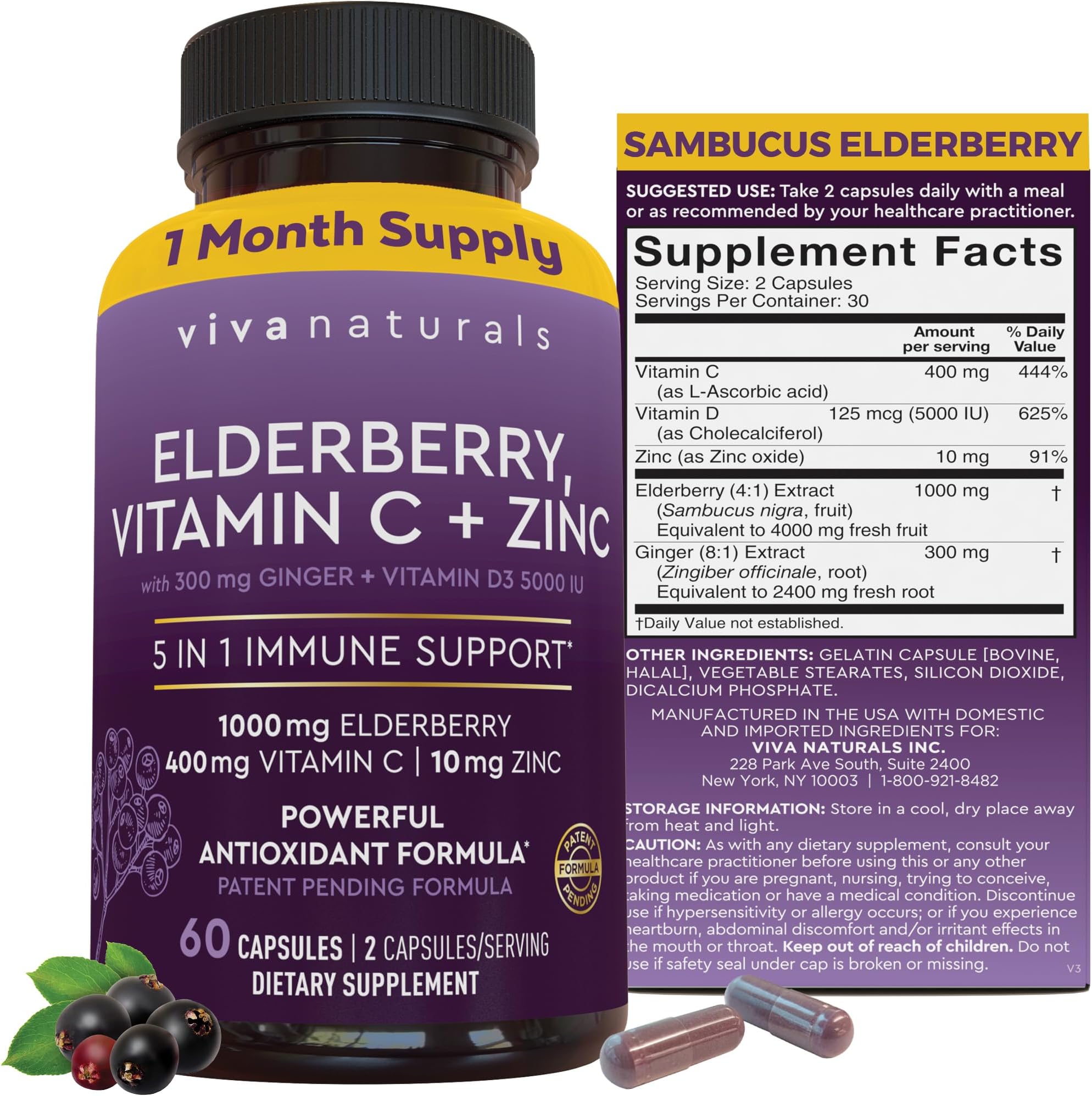 Viva Naturals Black Elderberry 1000mg with Vitamin C, D3 5000 IU & Zinc - 5-in-1 Immune Support Supplement for Adults, Sambucus Elderberry Capsules with Ginger for Men and Women, (60 Capsules)