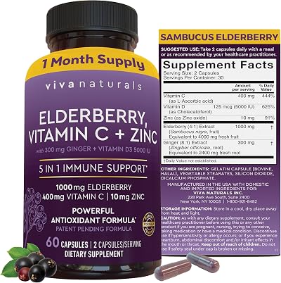 Viva Naturals Black Elderberry 1000mg with Vitamin C, D3 5000 IU & Zinc - 5-in-1 Immune Support Supplement for Adults, Sambucus Elderberry Capsules with Ginger for Men and Women, (60 Capsules)
