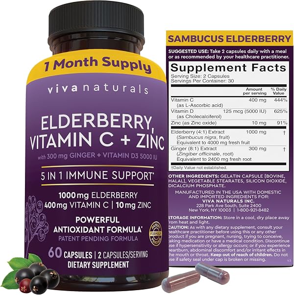 Viva Naturals Black Elderberry 1000mg with Vitamin C, D3 5000 IU & Zinc - 5-in-1 Immune Support Supplement for Adults, Sambucus Elderberry Capsules with Ginger for Men and Women, (60 Capsules)