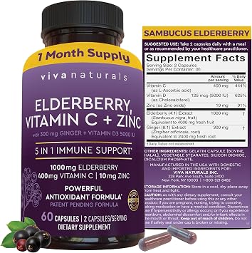 Viva Naturals Black Elderberry 1000mg with Vitamin C, D3 5000 IU & Zinc - 5-in-1 Immune Support Supplement for Adults, Sambucus Elderberry Capsules with Ginger for Men and Women, 60 Capsules