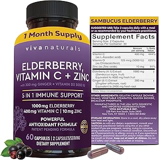 Viva Naturals Black Elderberry 1000mg with Vitamin C, D3 5000 IU & Zinc - 5-in-1 Immune Support Supplement for Adults, Sambucus Elderberry Capsules with Ginger for Men and Women, (60 Capsules)