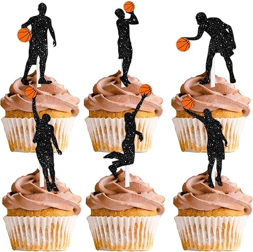 18 piezas de silueta negra con purpurina para postre, decoración para jugadores de baloncesto, decoración temática de escena, suministros de