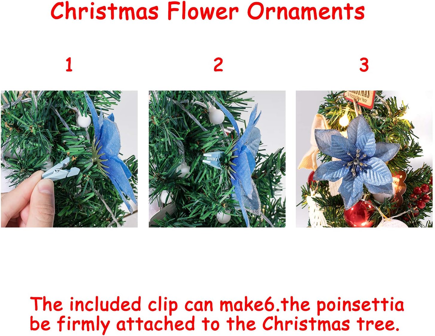 Whaline 24 Pcs Blue Poinsettia Artificial Christmas Flowers with 24 Pack Clips - Image 4