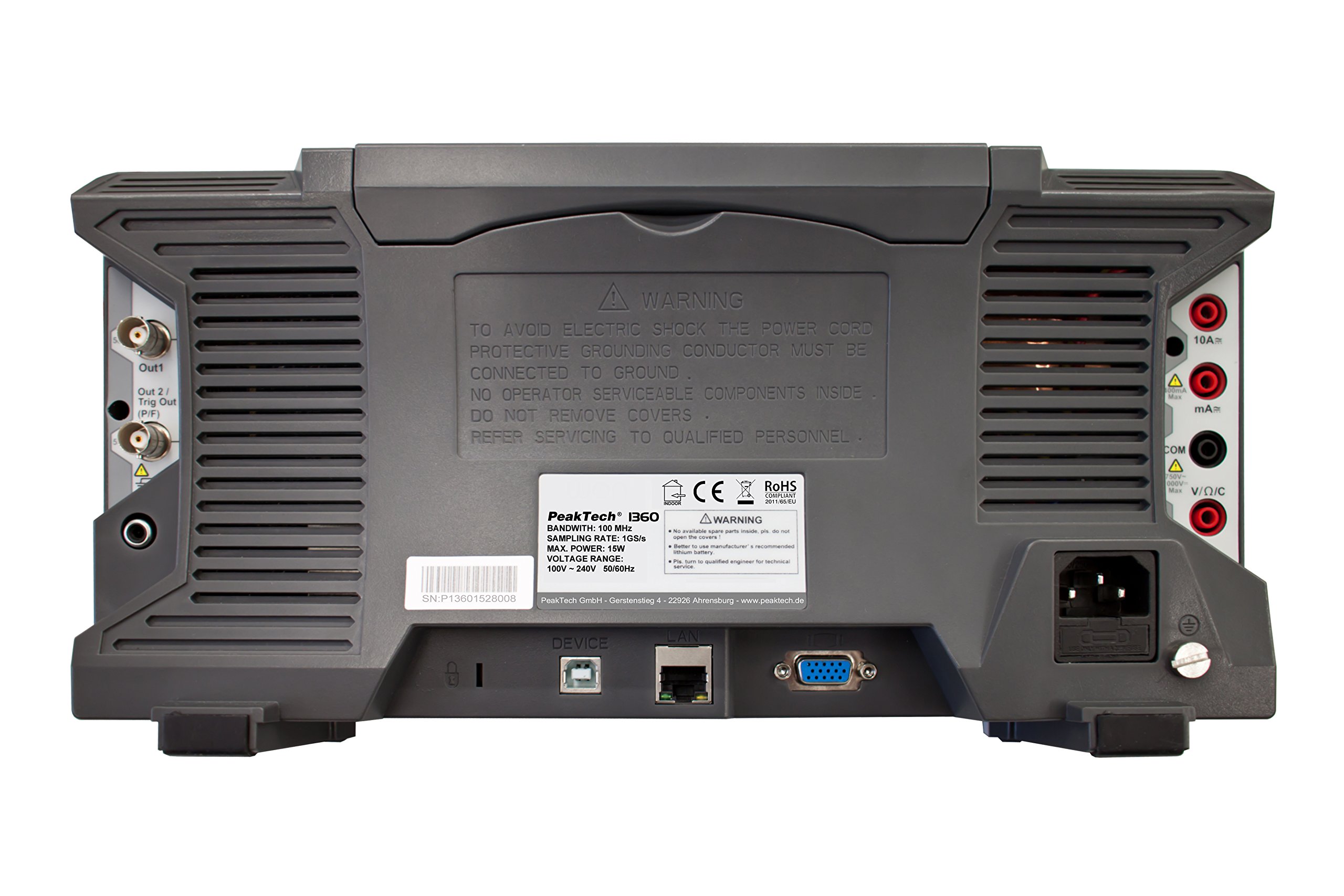 PeakTech P 1360 100 MHz 2 Kanal 12 Bit Touchscreen Digital Speicher Oszilloskop 1 GS/S mit WLAN/WiFi, USB, Lan, VGA, PC Software, Multimeter, 25 MHz Generator und Frequenzzähler, Akku Opt., 1 Stück