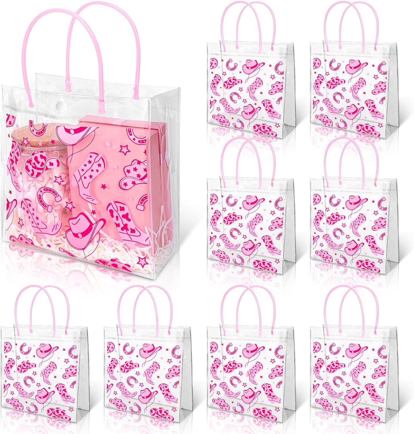 FYSUIMU 24Pcs Western Cowgirl Clear Gift Bags with Handles Preppy Pink Cowboy Boots Disco Goodie Treat Bag PVC Tote Bags for Bridal Shower Bachelorette Rodeo Party Supplies