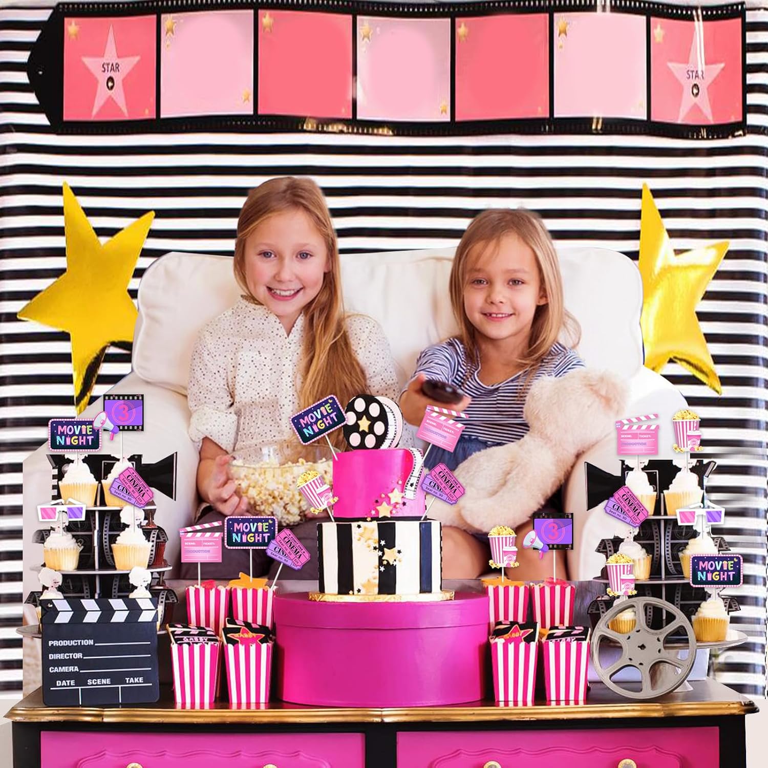 24 Pcs Movie Night Cupcake Toppers - Pink Girl Movie Night Birthday Party Supplies, Double Sided Paper Cinema Cake Decorations, Backyard Popcorn Cinema Theme Baby Shower Decor