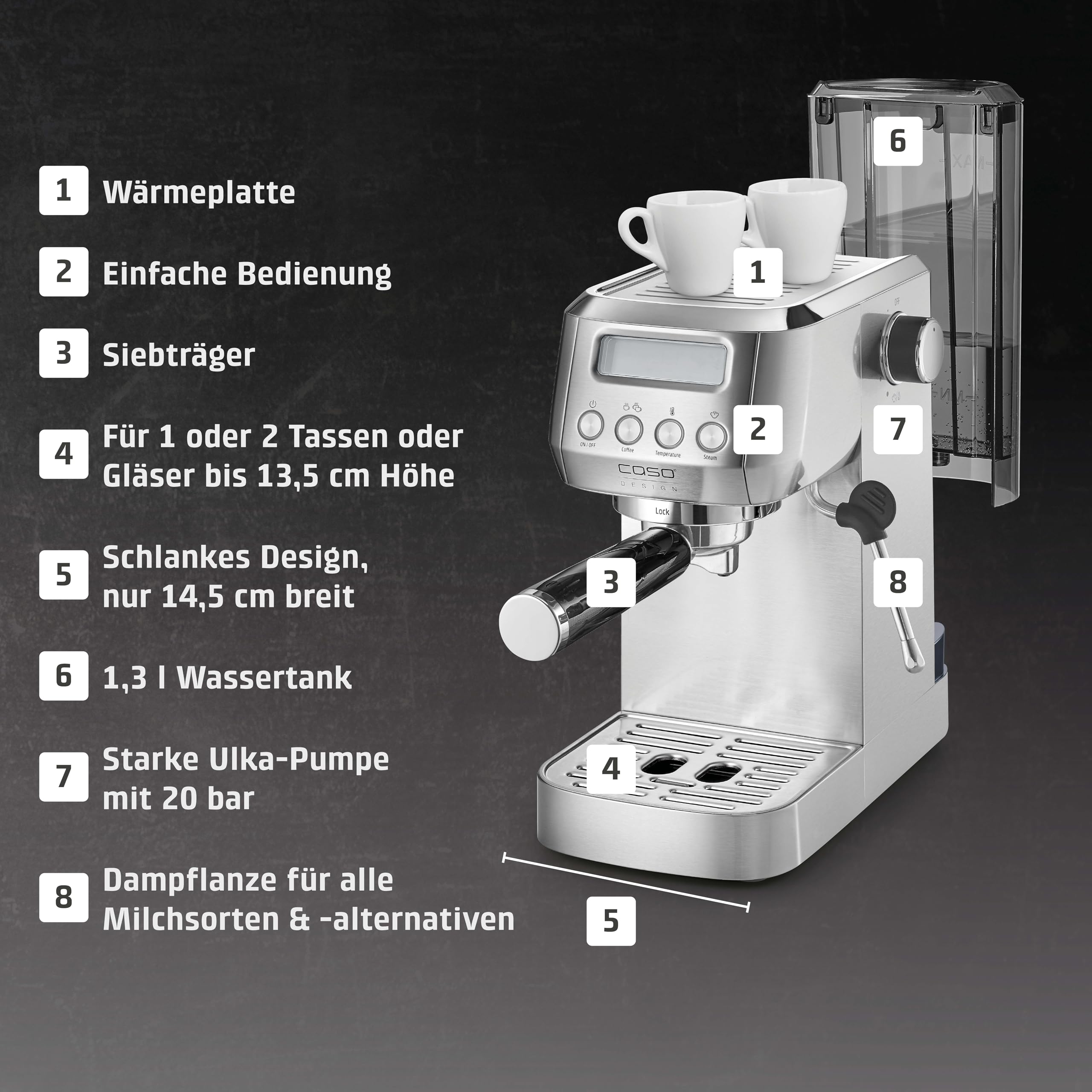 Caso EspressoGourmet Crema - Siebträgermaschine, Espressomaschine, mit Milchaufschäumer, Espresso, Cappuccino, Siebträger aus Edelstahl, 20 bar ULKA-Pumpe, Kaffeemaschine Kaffeepulver, ESE Pads