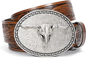 SANSTHS Western Belt Cowboy Belts for Men Women, Western Leather Belts Bull Buckle Belt Embossed Leather Belt for Jeans