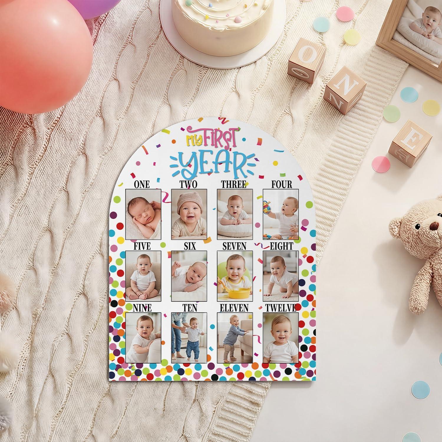 Smile 11.5 x 14.5 Inch Confetti My First Year Baby Milestone Photo Board, 12-Month First Birthday Photo Display Wall Decor for Baby's 1st Birthday Party