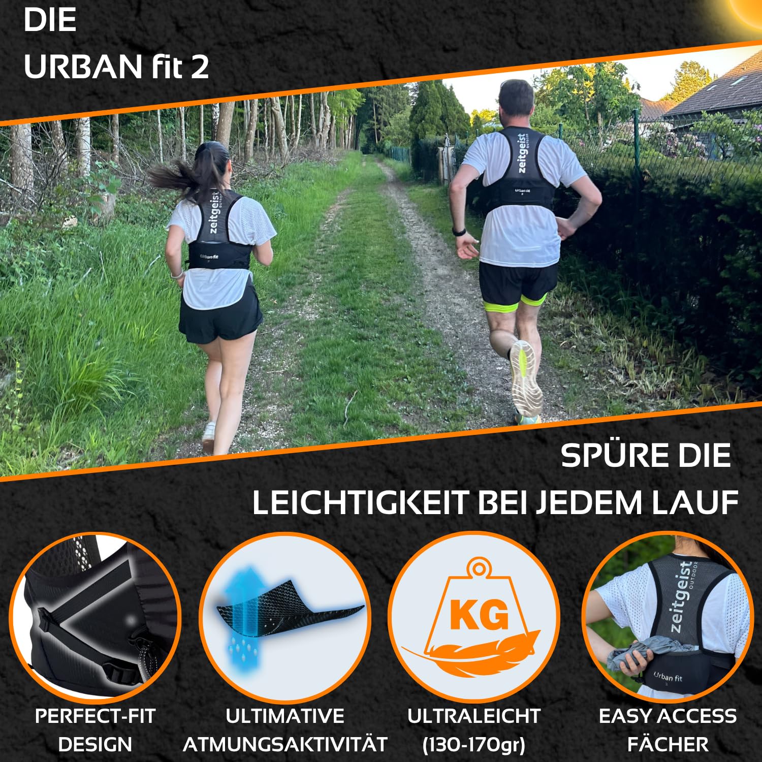 Laufweste Damen und Herren Urban fit 2L optimale Passform atmungsaktiv ultraleichter Laufrucksack 130-170gr Trinkruckack Laufen Trailrunning Rucksack